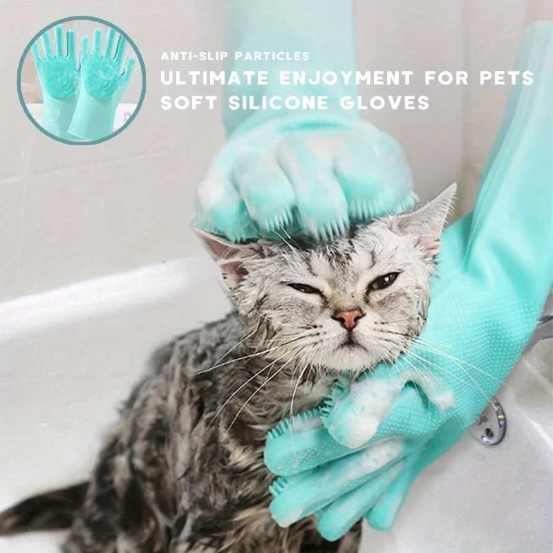 1set Green Pet Bathing Gloves, Dog & Cat Bathing Brush, Silicone Massage Bath Grooming Supplies