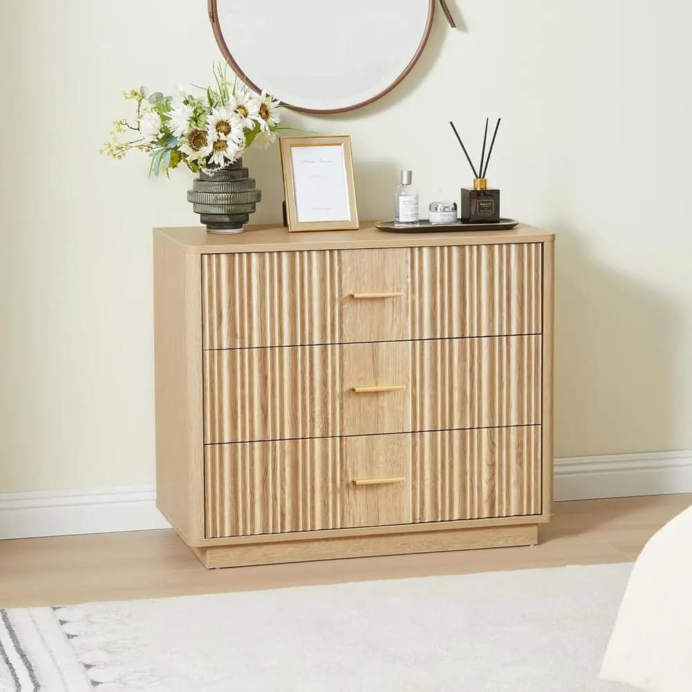 Wide 3-Drawer Wood Chest with Metal Handle, Natural Finish, Storage Organizer for Bedroom, Living Room, and Hallway