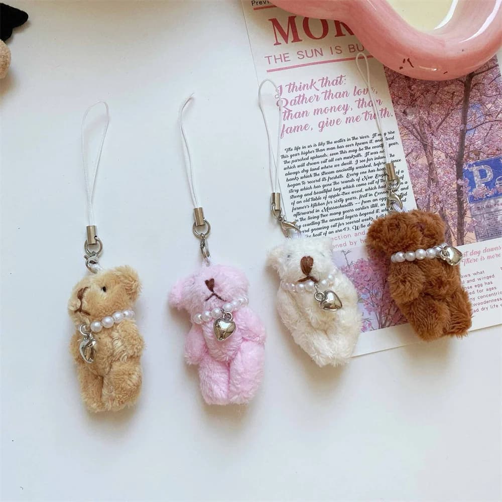 1 Pcs Pearl Bear Plush Keychain Love-heart Mobile Phone Chain Keyring Bag Pendant Girl Women Handbags Hanging Ornament Gift