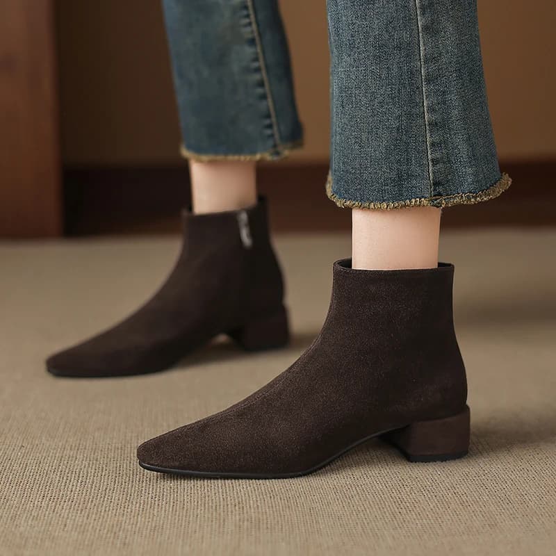 2026 new autumn winter women natural leather ankle boots 22-24.5cm cow suede pointed toe modern boots side zip short boots