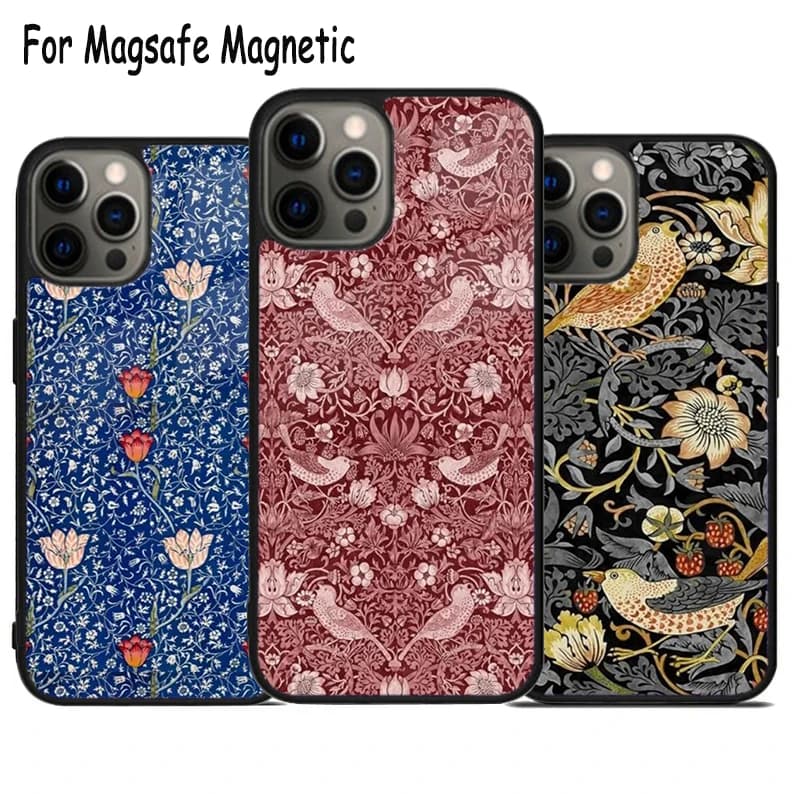 Cover per telefono con ricarica wireless Strawberry Thief per iPhone 17 Air 15 16 16e 14 13 11 12 Pro Max Plus, custodia magnetica Magsafe con paraurti