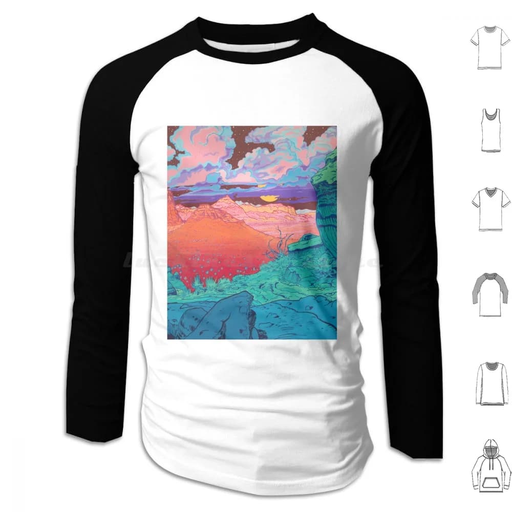 Felpa con cappuccio Pink Clouds in cotone a maniche lunghe Pop Art Comic Color Cultura pop Paesaggio pop Desert Moon Rocks Valley Geology