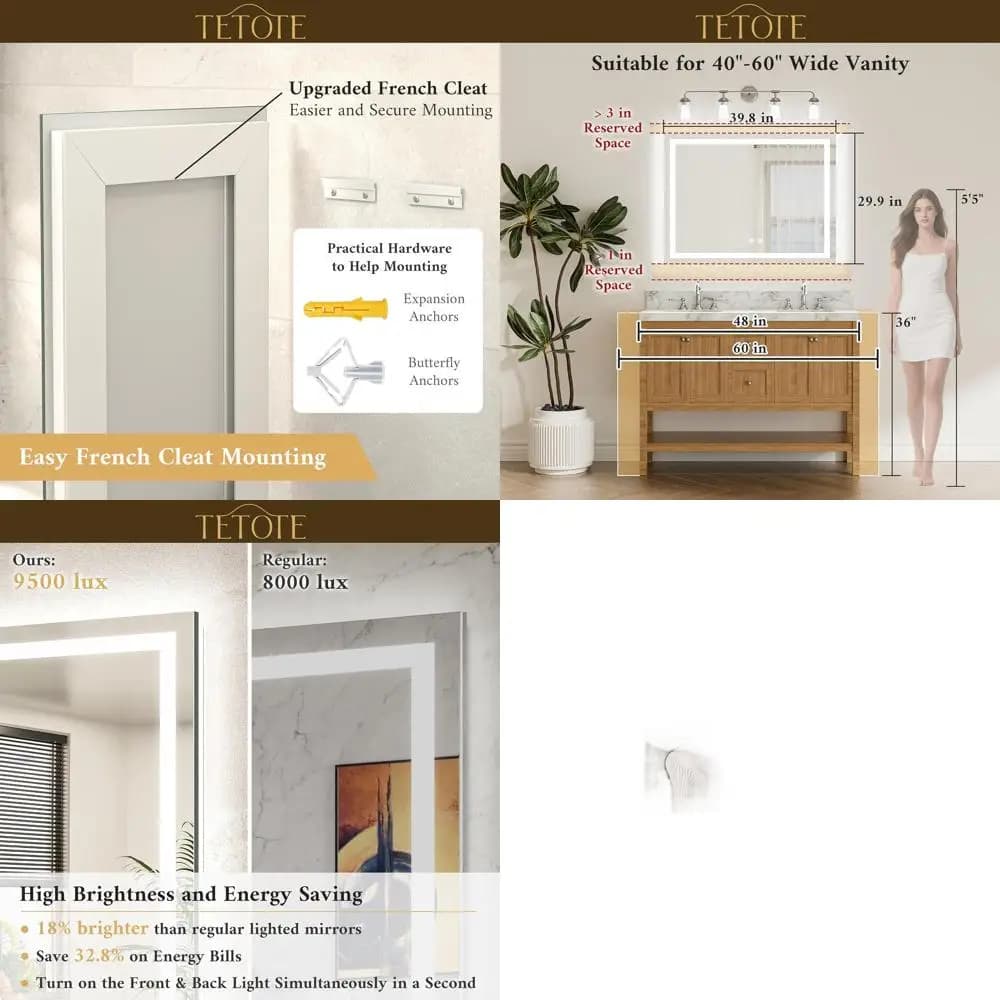 Specchio da Bagno LED 40x30 con Retroilluminazione Dimmerabile a 3 Colori e Vetro Temperato