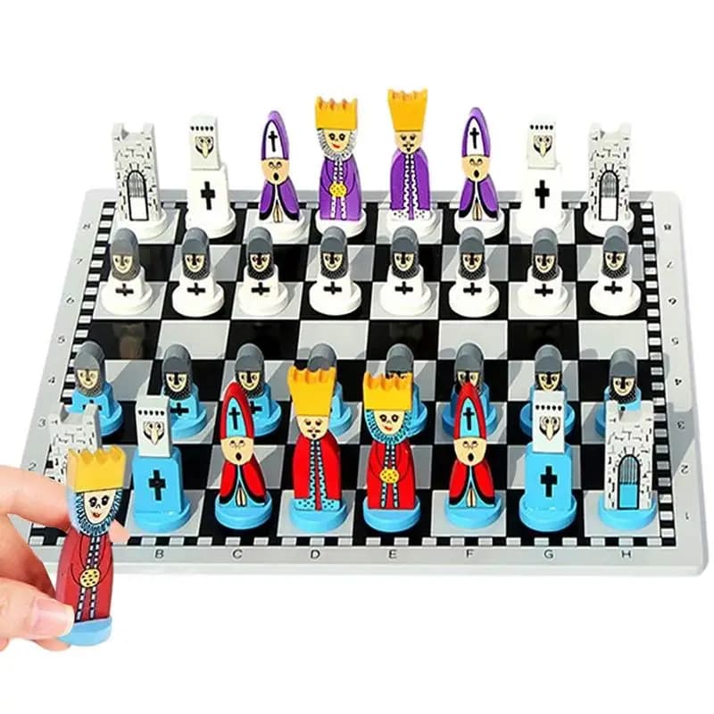 Giocattoli di scacchi per modellare cartoni animati Set di scacchi per bambole in legno per cartoni animati Set di scacchi in legno portatile per giochi da tavolo educativi precoci per bambini