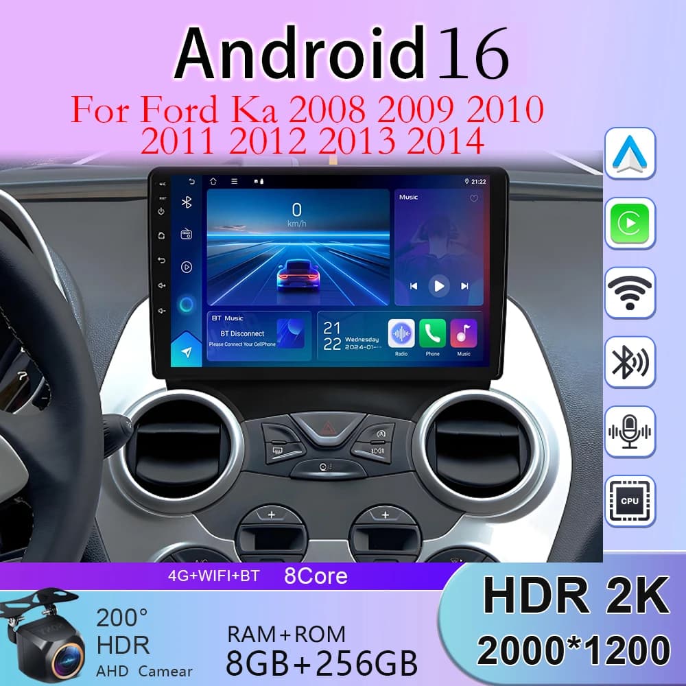 RDS per Ford Ka 2008-2014, Autoradio 8G+256G con CarPlay Wireless, Sistema Intelligente Android 16 per Auto con GPS
