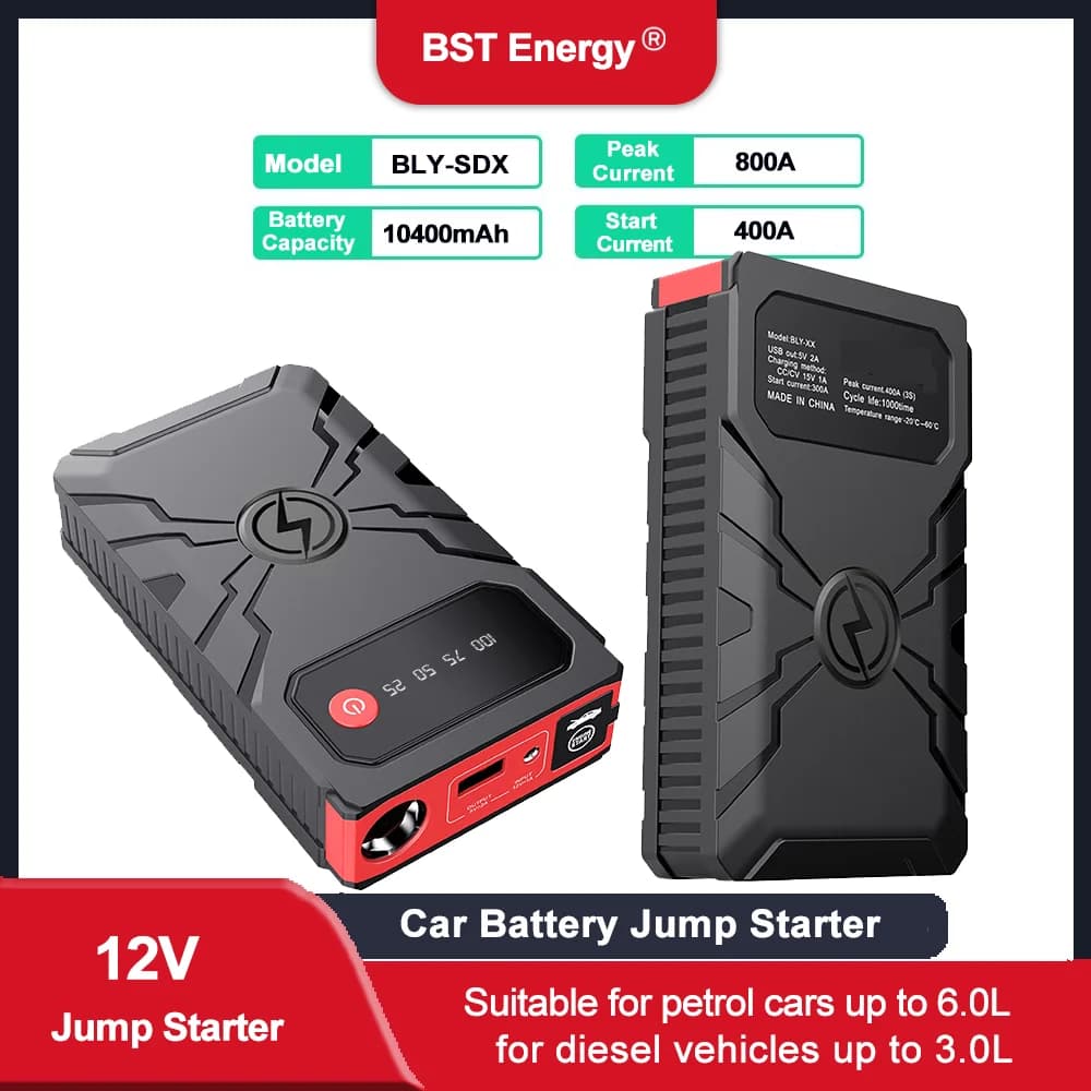 Avviatore con ponticello portatile, batteria per auto Peak Boost da 800 A, avviamento di emergenza da 12 V per motori diesel a gas da 6,0 litri o 3,0 litri, avvio di emergenza per auto
