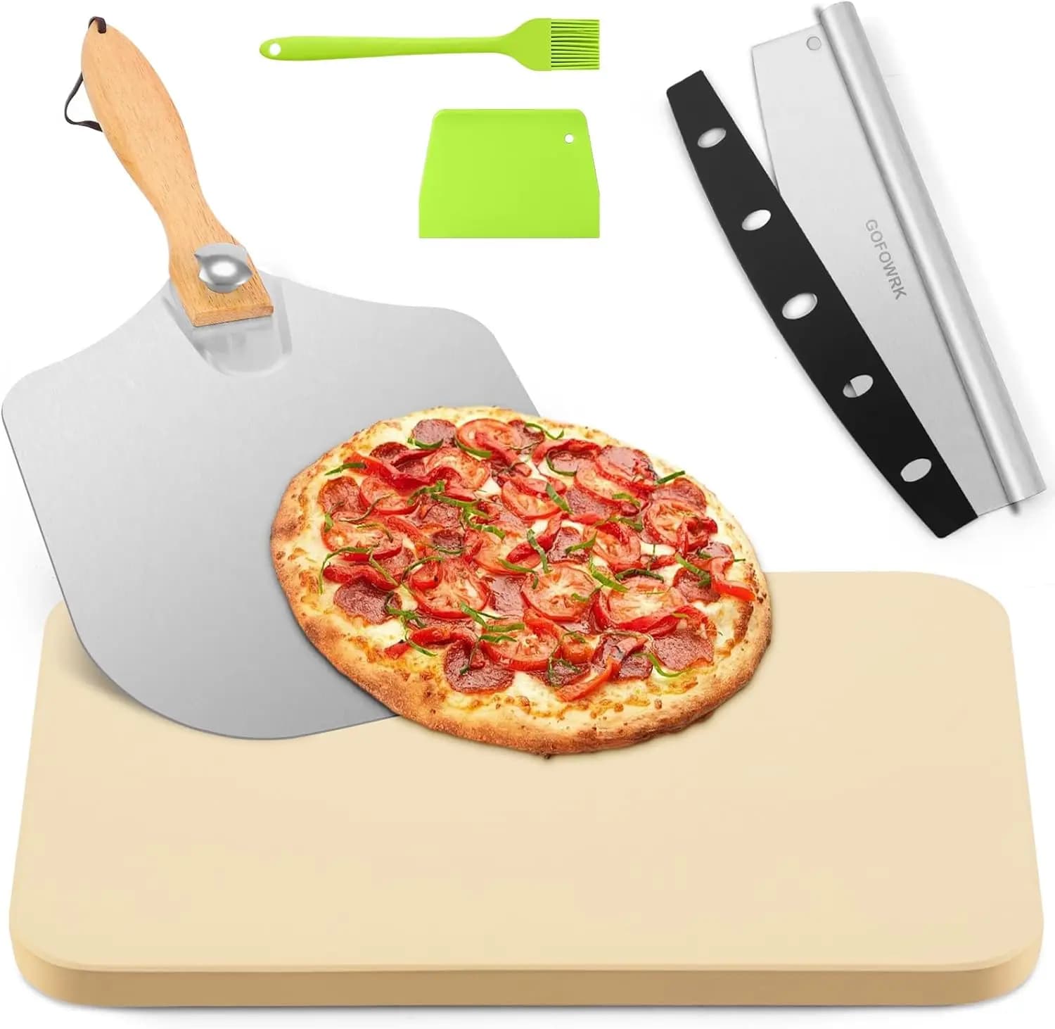 Set di pietre per pizza rettangolari grandi con buccia e taglierina in metallo, spessore 15x12", 0,6" per forno e grill