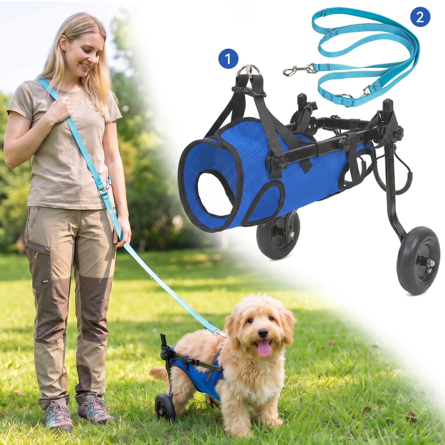 Pet Rear Leg Wheelchair Harness Set with Leash, Rear Leg Support and Mobility Aid, Can Assist Pets with Disabled Hind Limbs, Elderly Pets with Limited Mobility, or Those Recovering from Post-Surgery Injuries in Restoring Their Daily Activity Capabilities. Suitable for Small Pets with a Weight Range of 1-8kg, Suitable for Small Dogs Like Teddy and Cats, and Other Small Cats and Dogs. Suitable for Various Use Scenarios Such as Home Care, Indoor Activities, and Mild Outdoor Excursions. Small Pet Mobility Aid