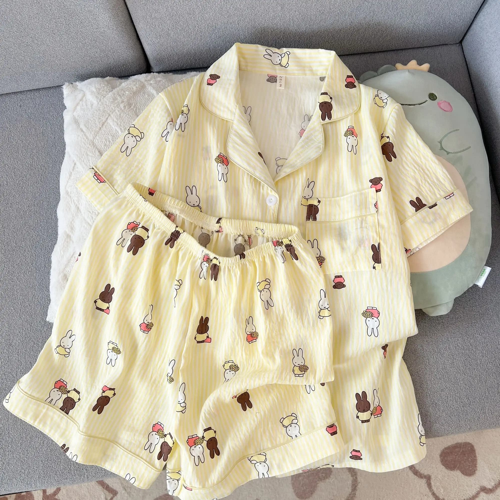 Kawaii Miffy Pajamas Female Summer New Style Cartoon Cardigan Cool Cool Feeling Yunduo Cotton Cute Leisure Lounge Clothes Suit