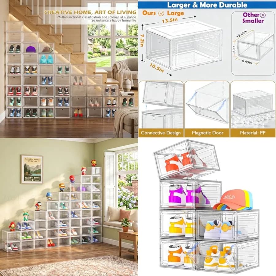 Organizzatore per Scarpe Trasparente Rinforzato con Porta Magnetica, Scatole per Scarpe Robuste e Impilabili per Armadio, Contenitori Salvaspazio Pieghevoli