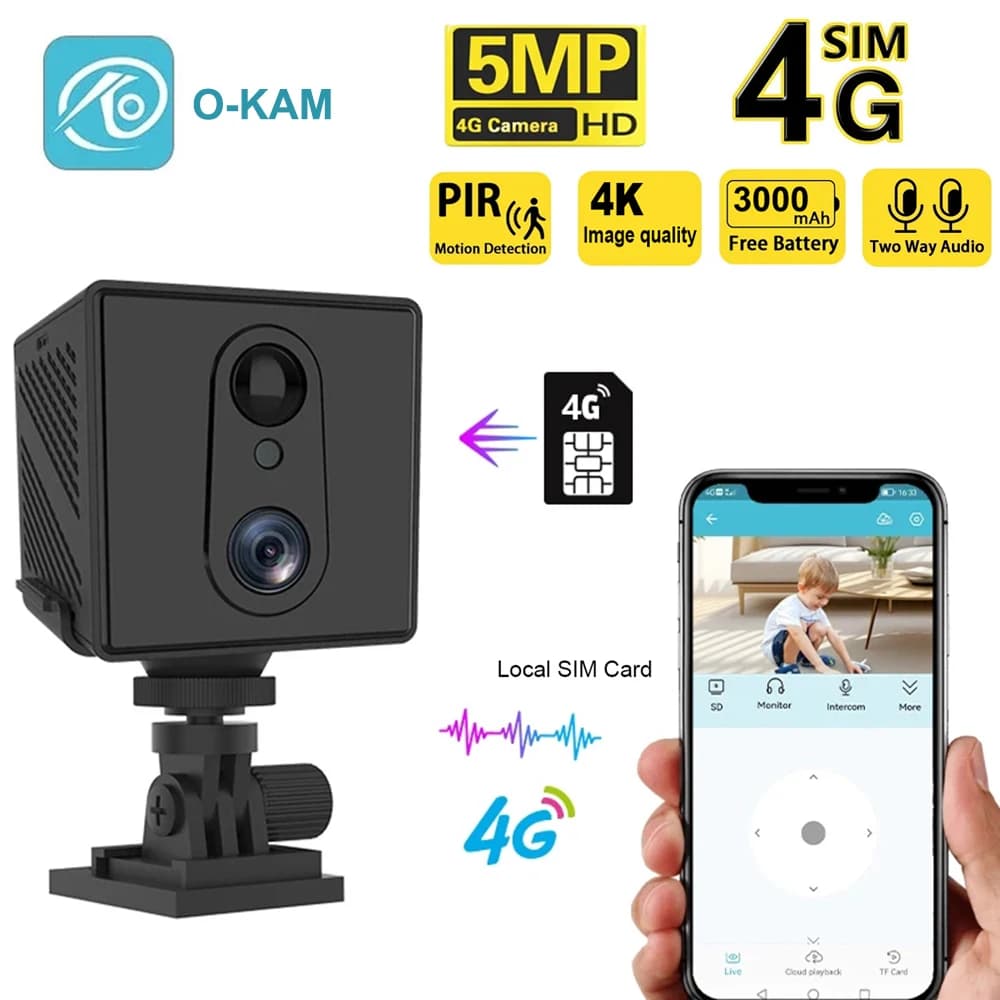 Mini telecamera da 5 MP Batteria da 3000 mAh 64 GB 4G SIM Card Sorveglianza Wifi Visione notturna Rilevazione di movimento CCTV Telecamera IP vocale bidirezionale