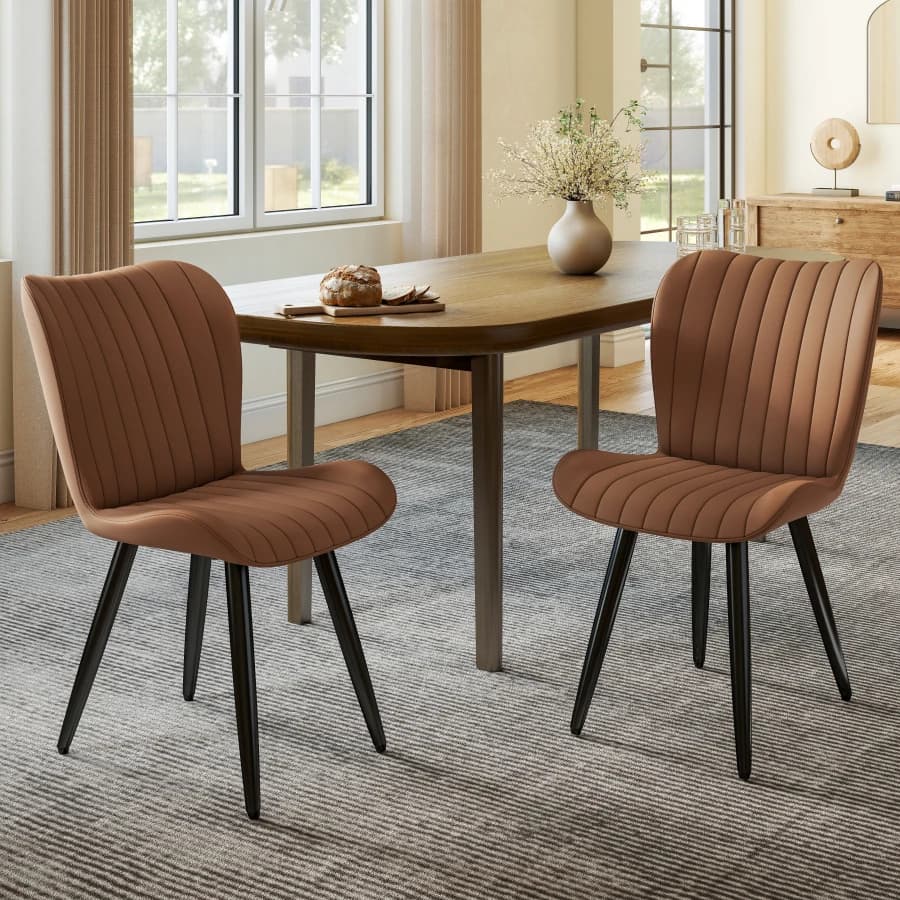 Set of 2 Modern PU Leather Dining Chairs with Thick Cushions and Metal Legs, Armless Faux Leather Side Chairs for Kitchen, Dini