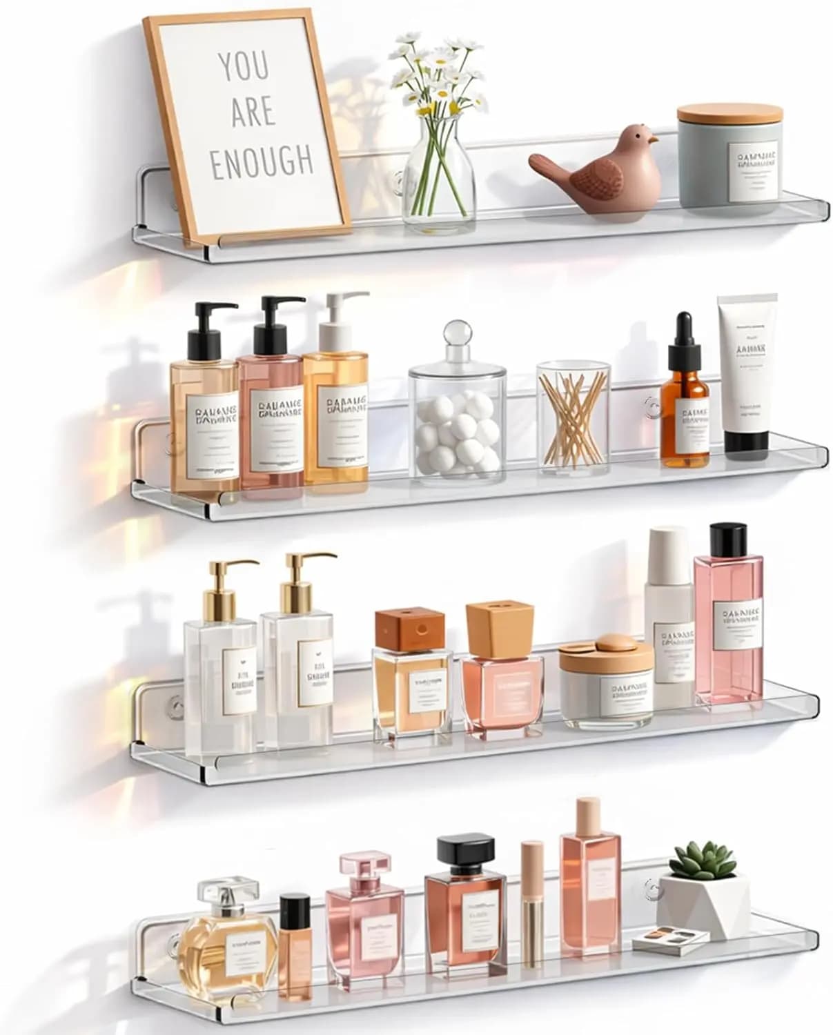 Mensole Galleggianti in Acrilico da 14 Pollici, Set da 4, Organizzatore da Parete Trasparente per Profumi, Trucchi, Smalti, Libri, Cameretta, Soggiorno