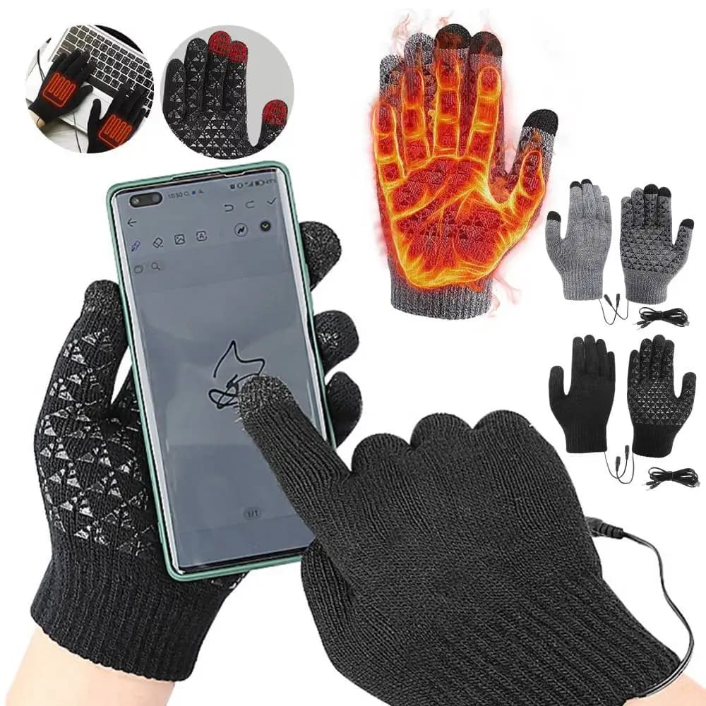 USB Electric Heated Knitted Gloves Full Finger Gloves Non-Slip Touch Screen Gloves Thicken Winter Cycling Gloves for Men Women