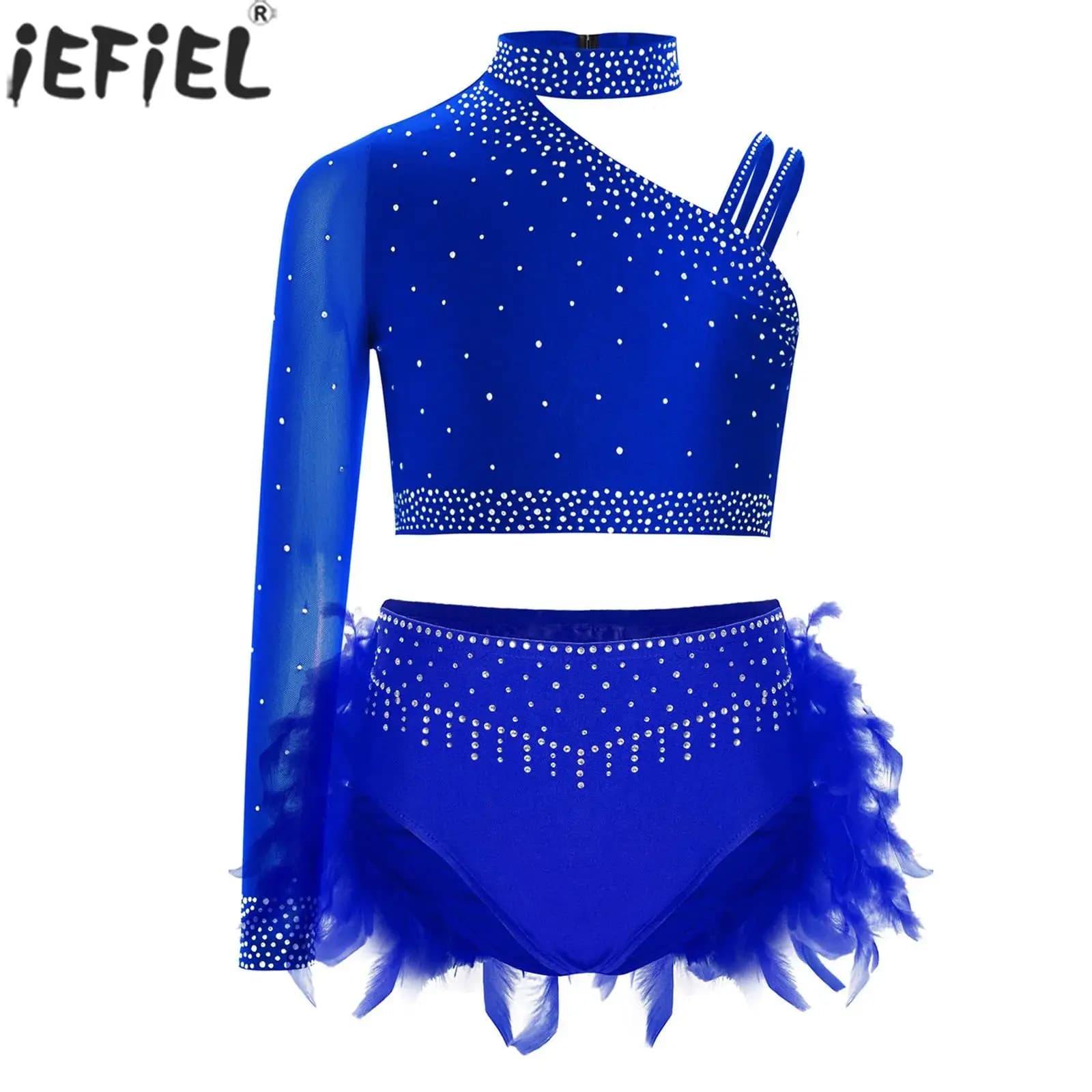 Top corto da ballo latino jazz lirico con strass lucidi per bambina con slip in piume, gonna, pattinaggio di figura, vestito da performance Cha-cha