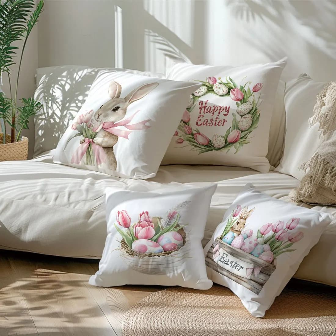 VIKAMA Set di fodere per cuscini coniglietto pasquale da 4 pezzi Fodere per cuscini stampate fronte-retro per divano, panca e patio Fodere per cuscini Decorazioni per la casa