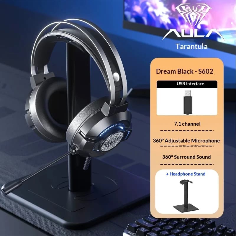 AULA S602 Gaming Headset Wired Over Ear 7 1 Surround Sound Noise Cancelling Adjustable Mic Usb For Pc Gaming With Headset Stand
