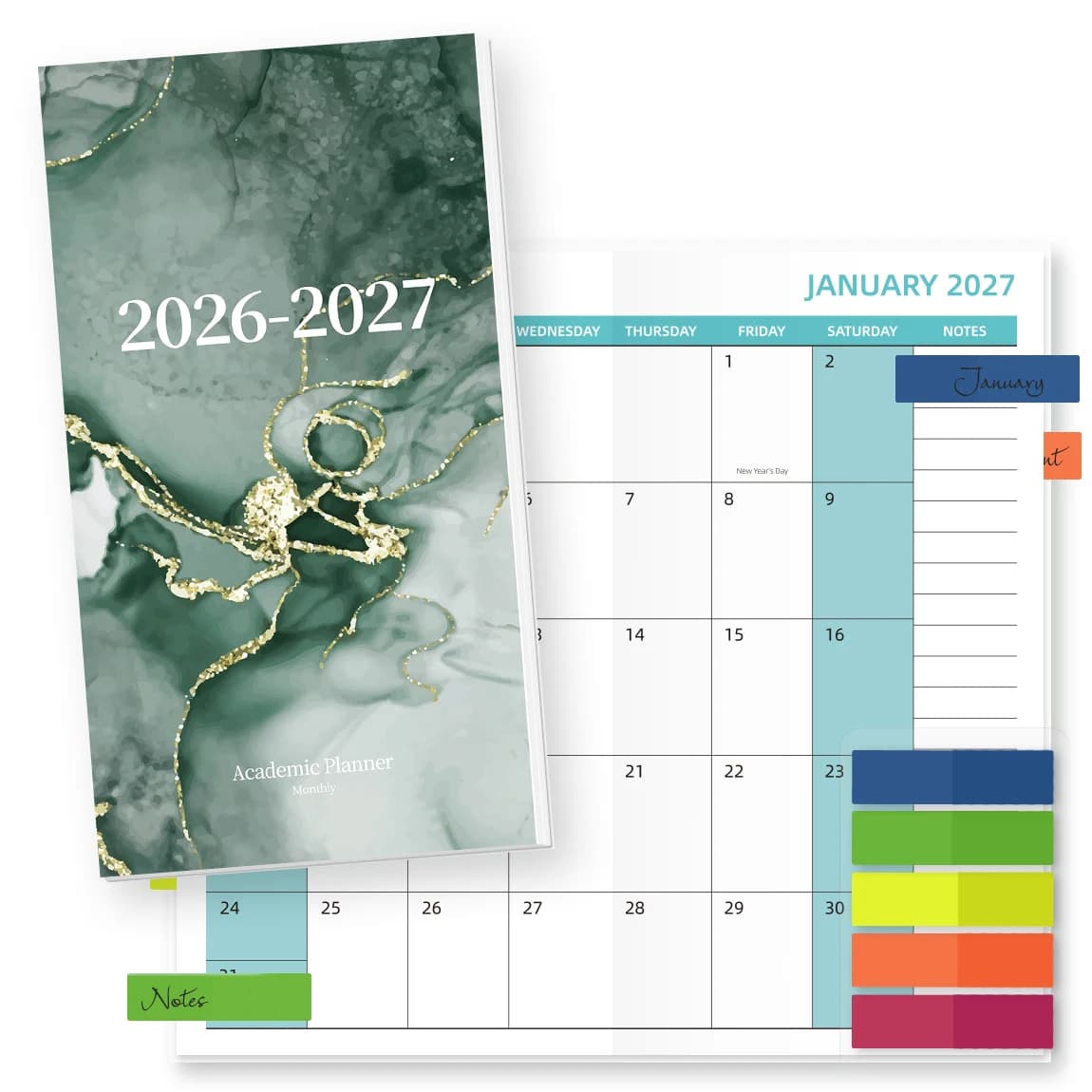 1PC A6 Monthly Planner Notebook, Green Marble, 2026-2027 Calendar with Stickers or Index Tabs, for School, Office & Home