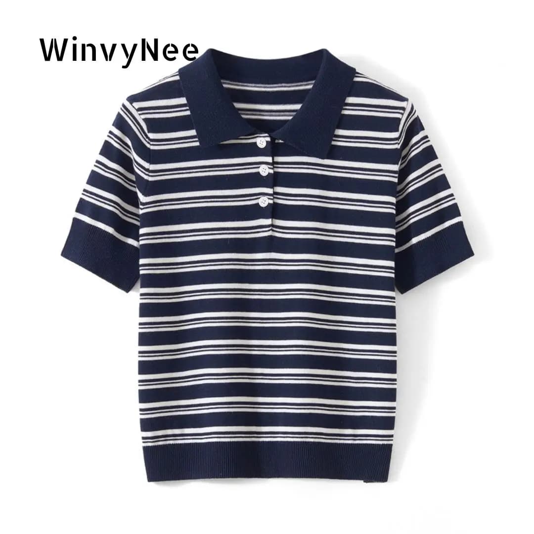 WinvyNee Maglioni estivi da donna in puro cotone T-shirt polo bianche a mezza manica a righe Y2k Outerwears Pullover Tops ZA1523012