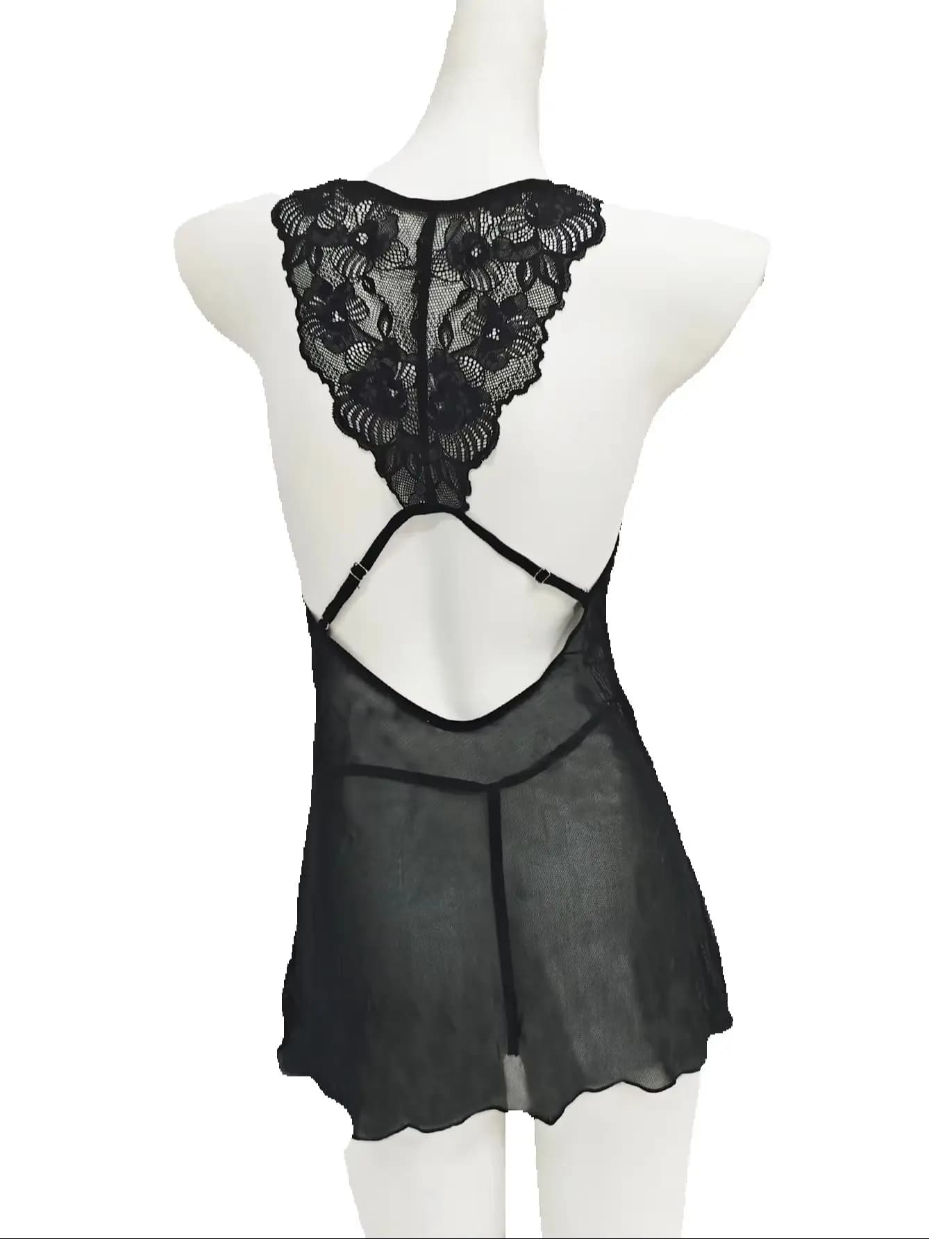 Women Black Lace Babydoll Lingerie Dress Deep V Front Bow See Through Mesh Backless Adjustable Strap Sexy Nightgown Sleepwear Wi
