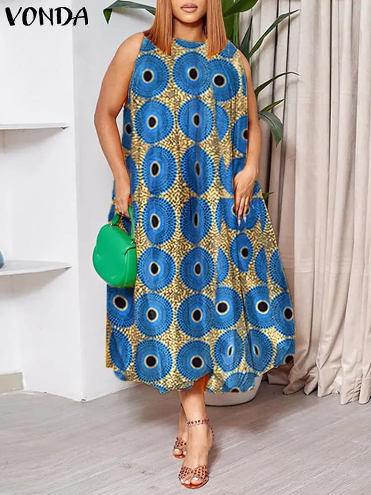 VONDA Plus Size Dress Woman Summer Bohemian Long Dress 2024 Fashion Sleeveless Casual Printed Midi Sundress Beach Robe