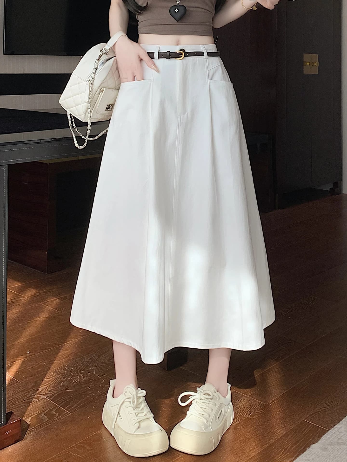 White A-Line Midi Workwear Skirt Women's Summer Small Size High Waist Umbrella Skirt Slimming Effect Commute Casual Style