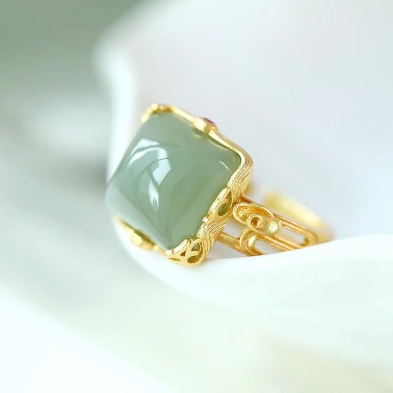 Anello aperto quadrato in giada naturale di Hetian dal design tridimensionale, modello in stile cinese, gioielli in argento da donna di lusso leggero