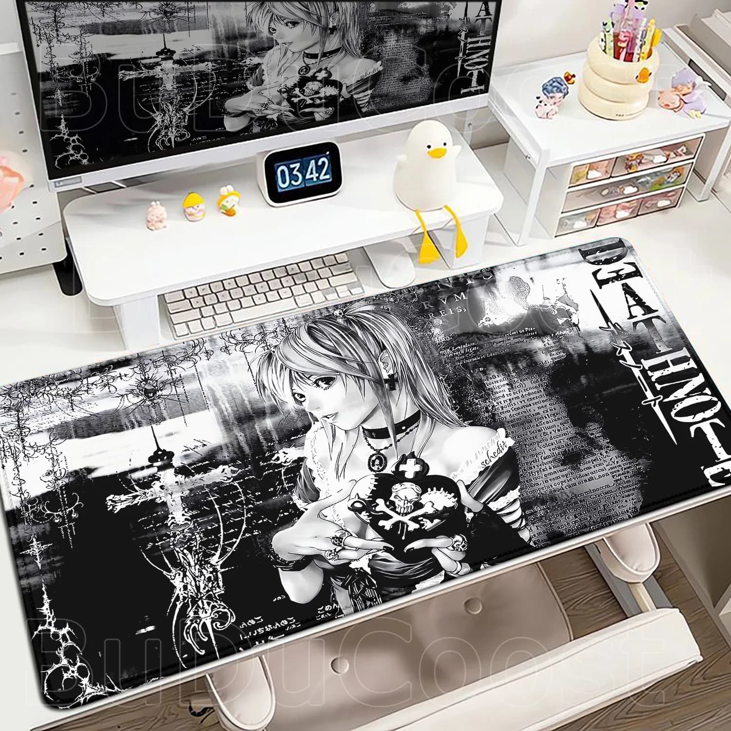 Dark Anime Girl Mouse Pad Gothic Style Gaming Desk Mat Black and White Hand-drawn Anime Anime Girl Gaming Desk Mat