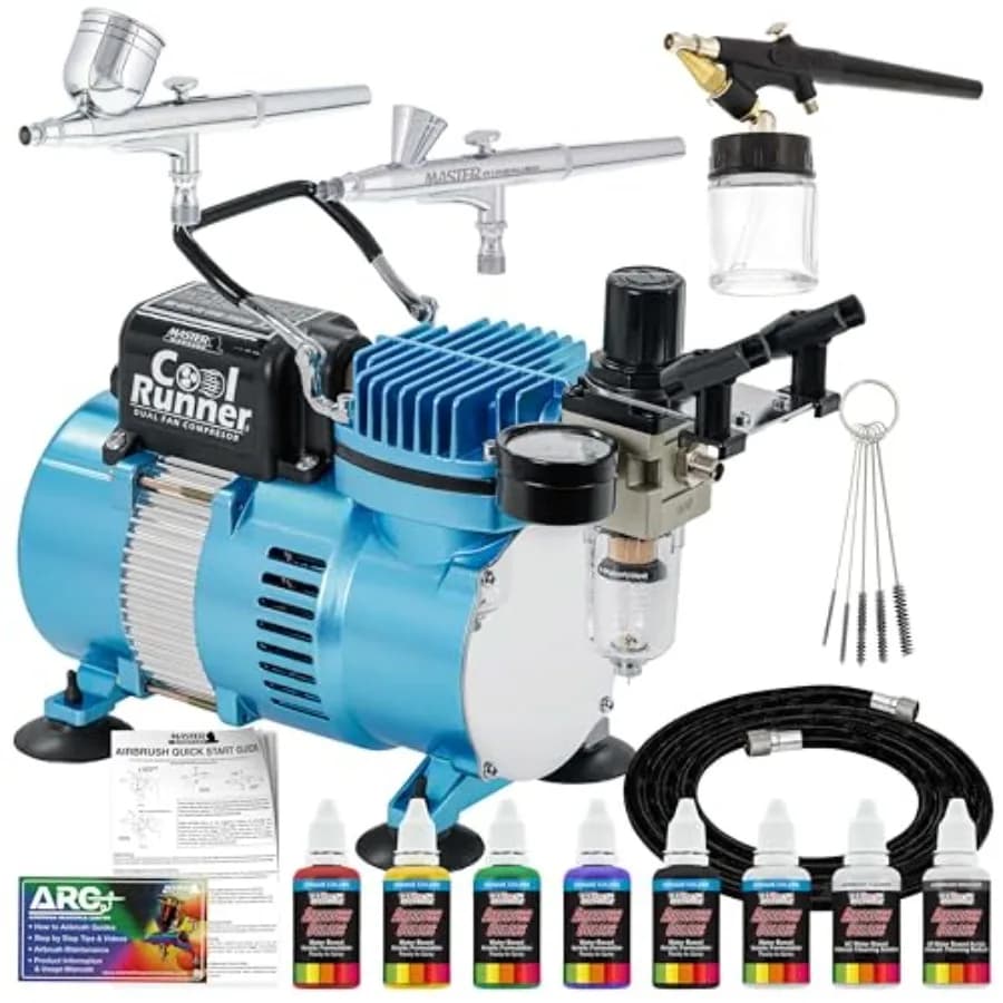 Kit per Progetti Creativi con Compressore d'Aria a Doppia Ventola, 6 Colori Acrilici Opachi, 3 Aerografi, Spazzole per la Pulizia, Supporto Manuale