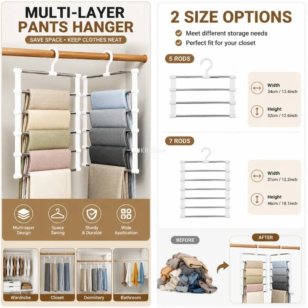 Foldable Multi Layer Pants Hanger Space Saving Closet Rack with Non Slip Clips for Trousers Clothes Wardrobe Storage