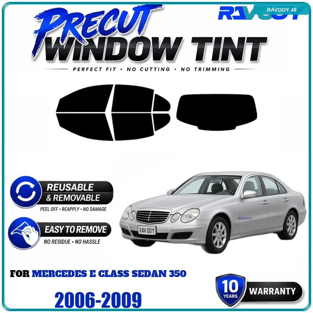 RAVOOY Precut Window Tint, Reusable Removable EPU Film, Custom Fit for Mercedes E Class Sedan 350 2006-2009, UV Heat Protection