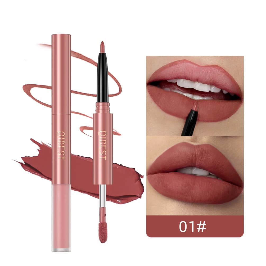 QIBEST 2 In 1 Nude Lip Gloss+Lip liner Velvet Matte Liquid Lipstick Waterproof Lasting Non-stick Cup Double Ended Lip Tint