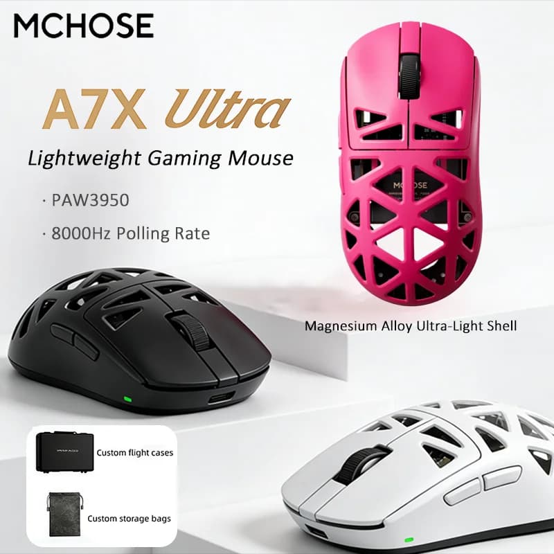 Mouse da Gaming Wireless Leggero MCHOSE A7X Ultra con Sensore PAW3950, Lega di Magnesio, Ottica Omron, Frequenza di Aggiornamento Ultra-Alta 8000Hz per Esports