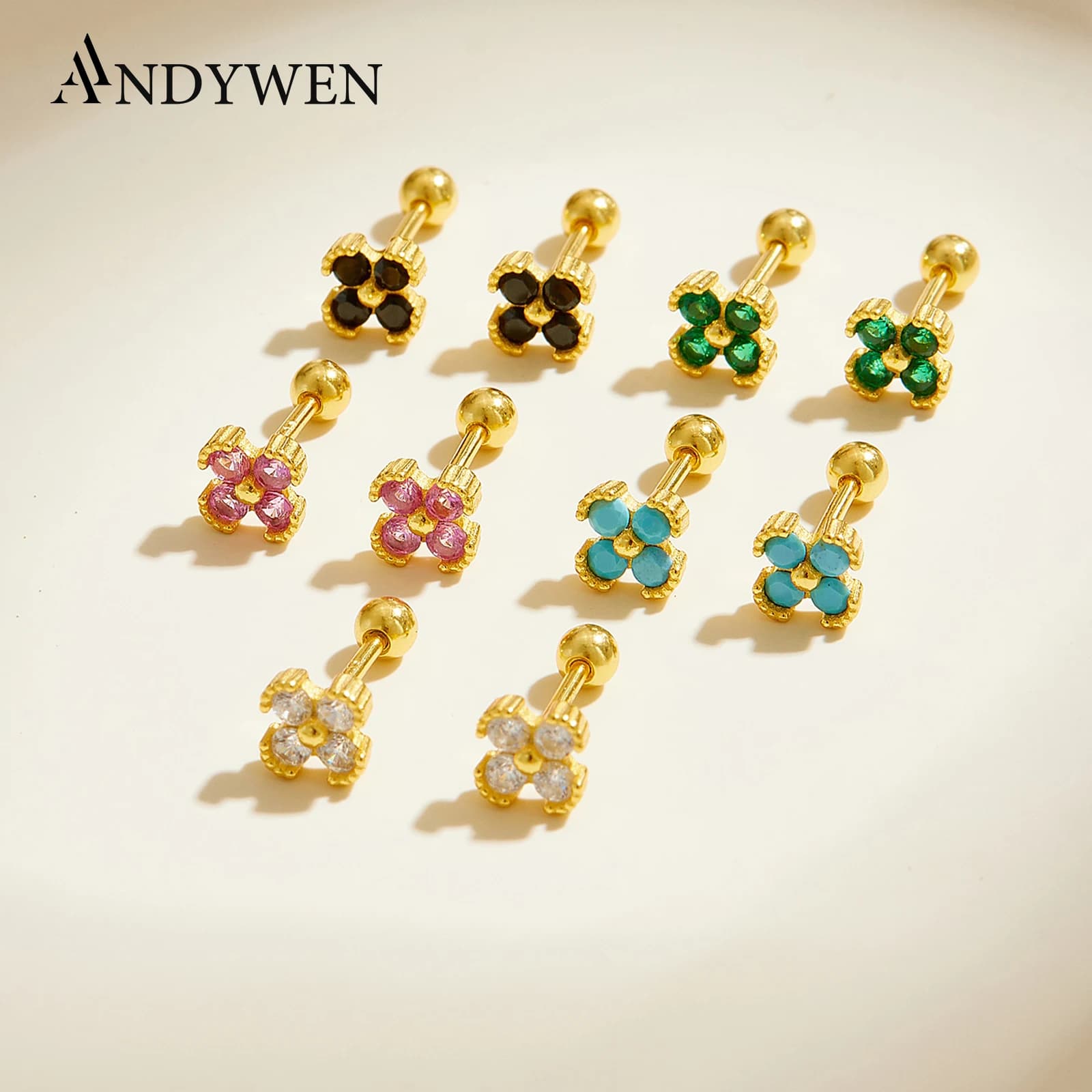 ANDYWEN 925 Sterling Silver Multicolor Quattro Foglie Zircone Piccoli Orecchini Penetranti 2025 Nuove Donne Del Partito Casual Gioielli