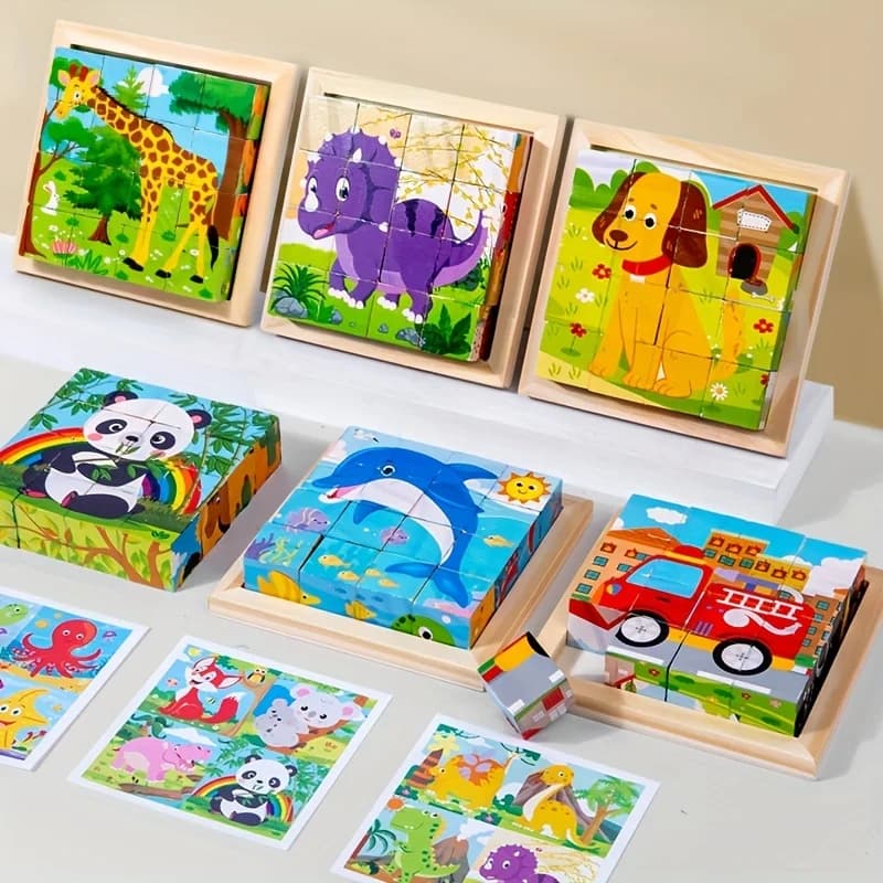 Un set di vassoi puzzle cubici 3D a sei facce giocattoli di stoccaggio per bambini in legno giocattoli educativi per bambini gioco divertente
