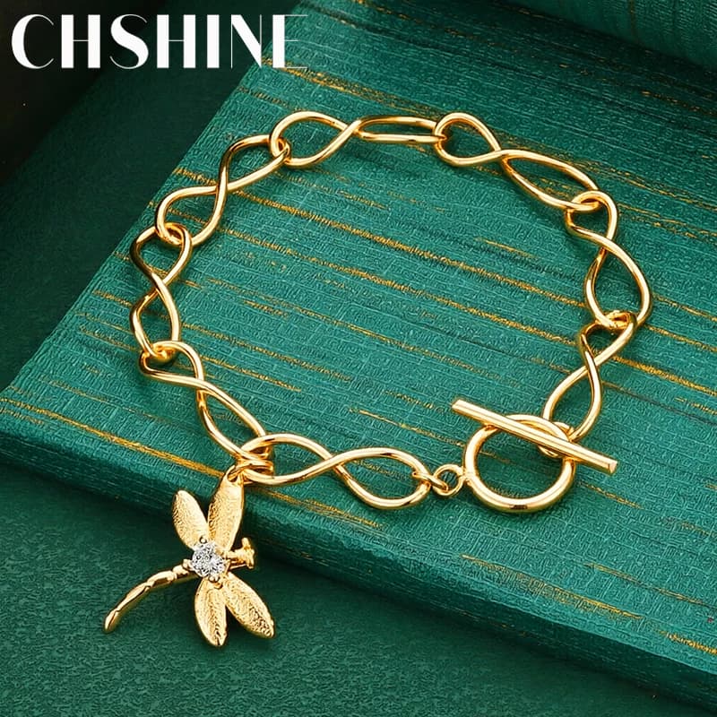 925 Sterling Silver 18K Gold Infinity Twist Chain Bracelet Toggle Clasp Dragonfly Charm Women Fashion Jewelry Gift