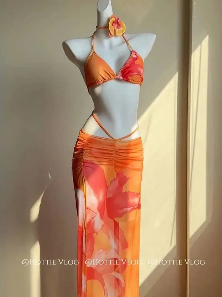Women's Sexy Beach Swimwear Set 3 Piece Summer Hotsweet Bikini Halter Top Fashion Slim Lace Up Print Women's Long skirt with slit