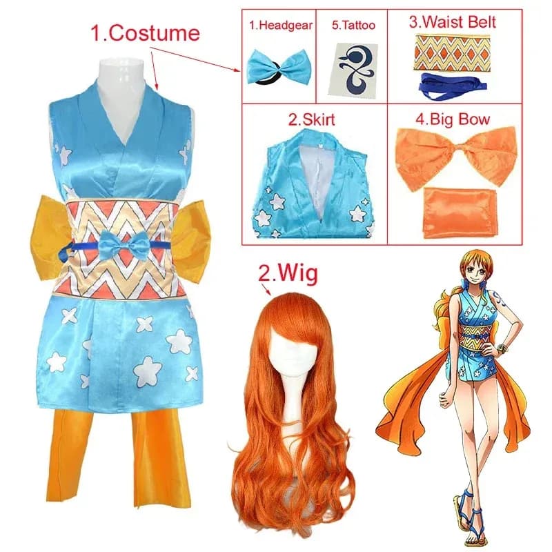 Costume cosplay Nami Halloween Anime Carnevale Abito da donna comprese adesivi per tatuaggi copricapo