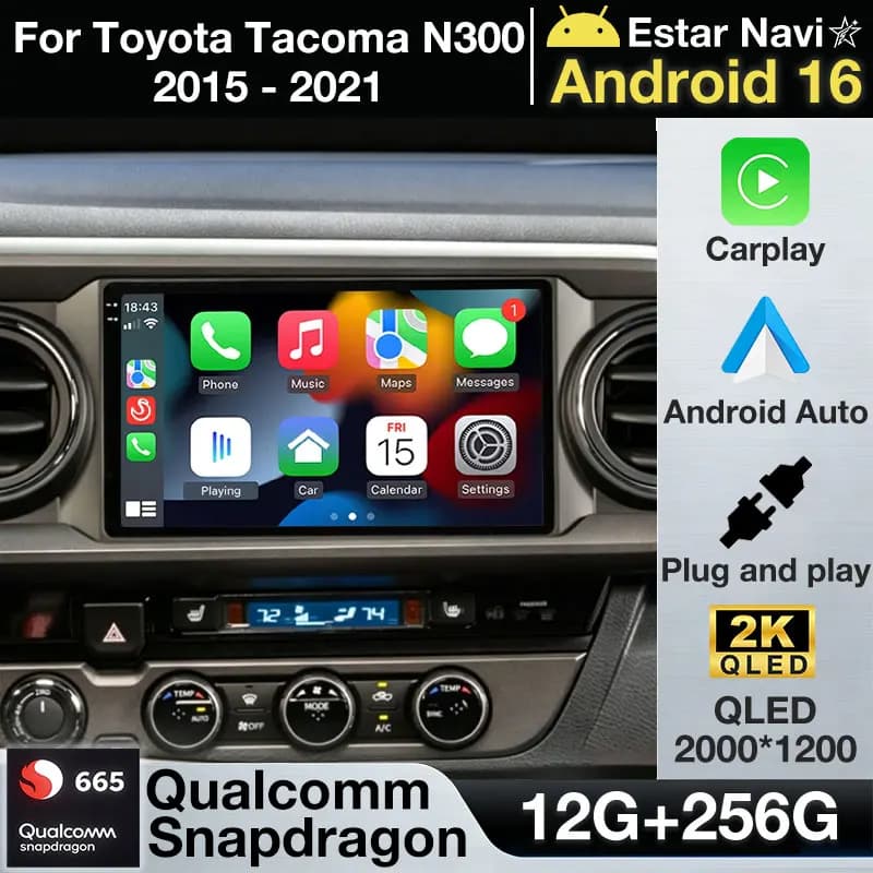 Autoradio Android 16 con Carplay per Toyota Tacoma N300 2015-2021, 4G LTE, Stereo 2 DIN, Telecamera 360, Navigatore, Bluetooth Wireless, Lettore Video Auto