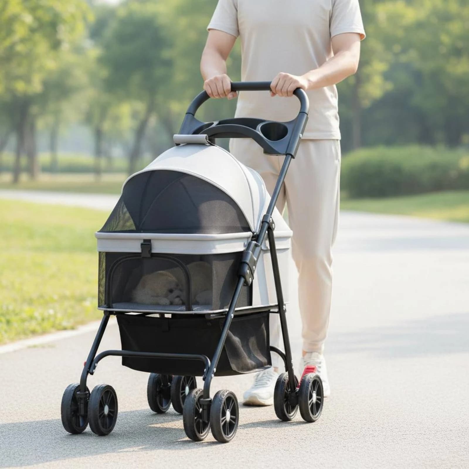 Pet Carrier Stroller Mesh Window Foldable Pet Stroller Creature Transport Large Wheels Cup Holder for Young Dogs, Travel