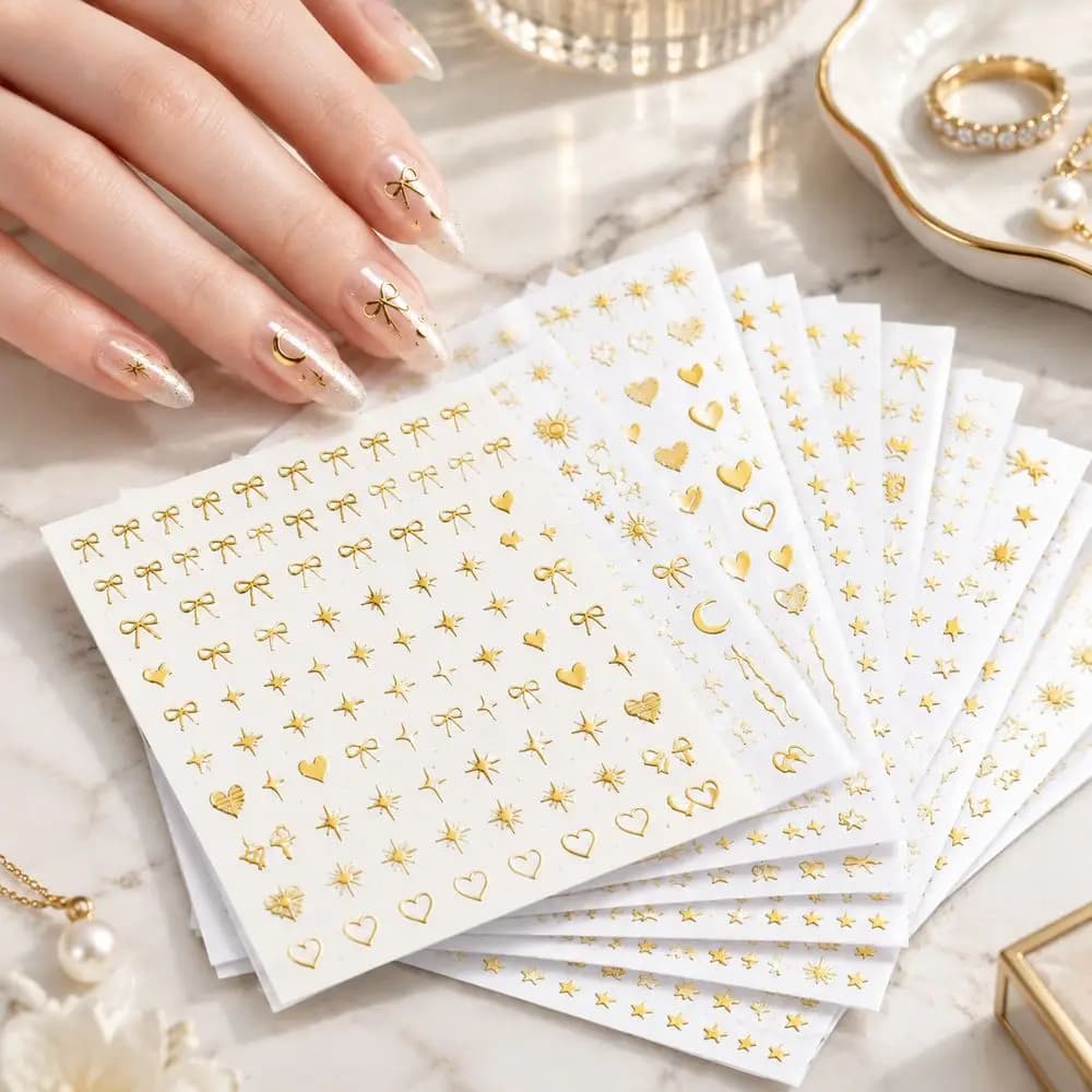 30Pcs Hot Gold 3D Nail Stickers Star Moon Sun Heart Bow Alphabet Palm Arrow Wave Flower Metallic Shiny Nail Decals DIY Supplies