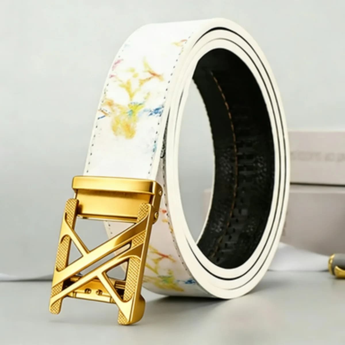 Men Auto‑Lock Belt Artistic Floral Printed Waist Strap Hollow X‑Shape Metal Automatic Buckle Adjustable Casual Jeans Waistband