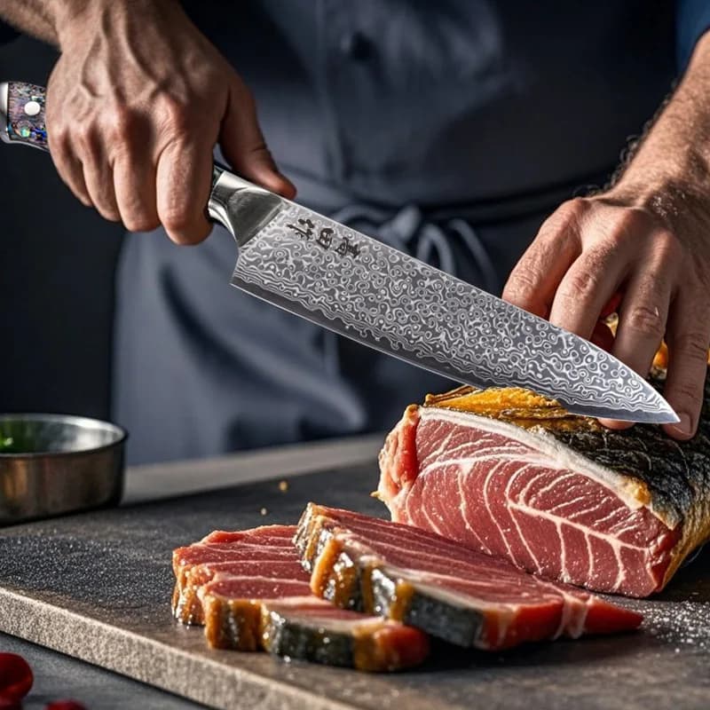 Coltello da cuoco da 8 pollici 67 strati in acciaio di Damasco 10Cr15CoMoV Lama conchiglia di abalone Manico per affettare verdure Mannaia Coltelli da cucina per carne