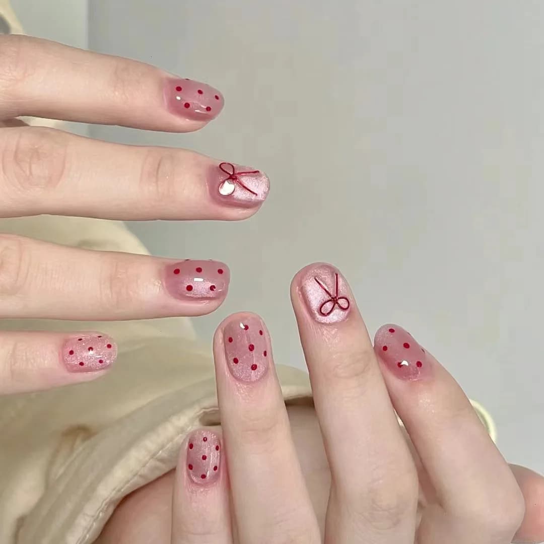 Short Simple Polka Dot Bow Cat's Eye Nail Art Wearing Nail Detachable Finished Fake Nail Patch