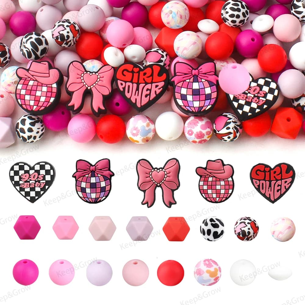 Perline in silicone moda tema rosa Set perline focale di potenza ragazza anni '90 per portachiavi fai da te perline penna creazione di gioielli accessorio decorativo