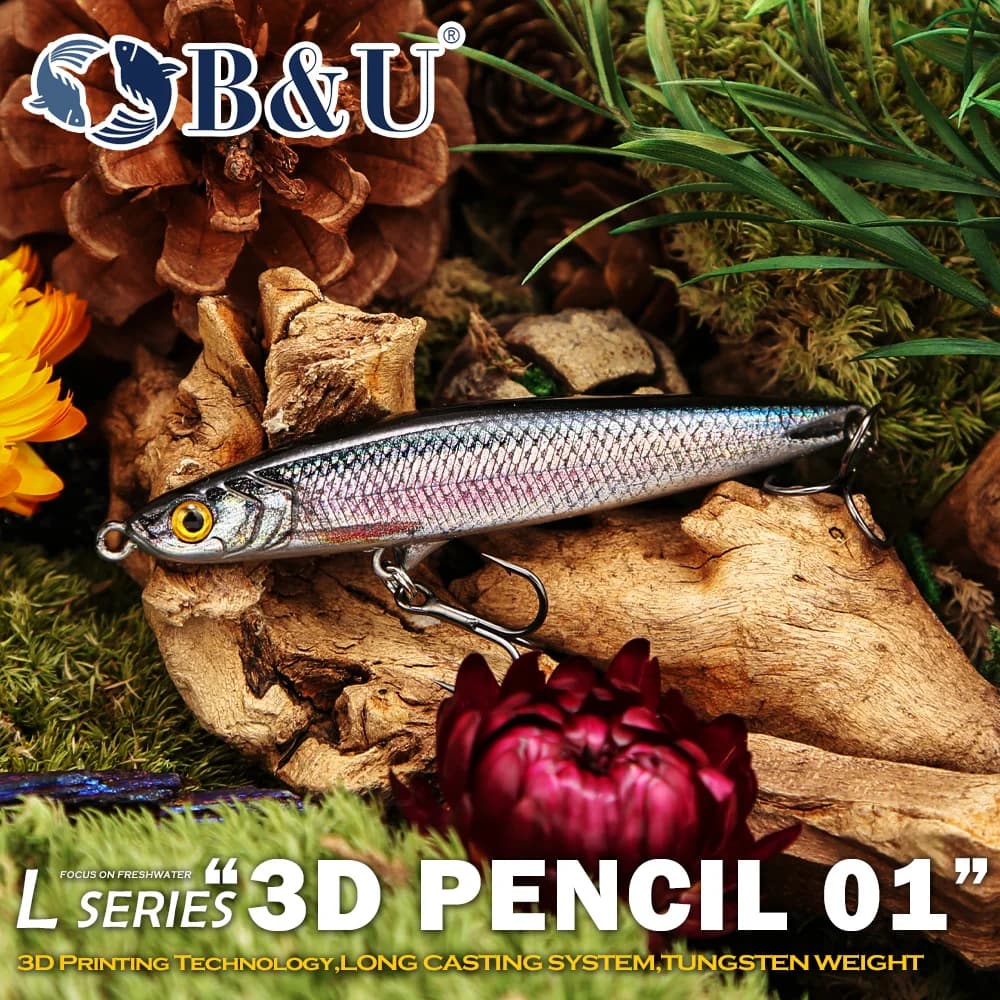 B&U Sinking Pencil Fishing Lure 3D Printed Hard Bait BKK Treble Hooks Fast Sinking Long Cast Twitching Action for Bass Pike
