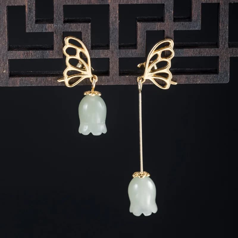 Chinese-style Hetian Jade Bell Orchid Earrings, Fashionable Golden Butterfly Green Earrings, S925 Silver Jewelry Exquisite