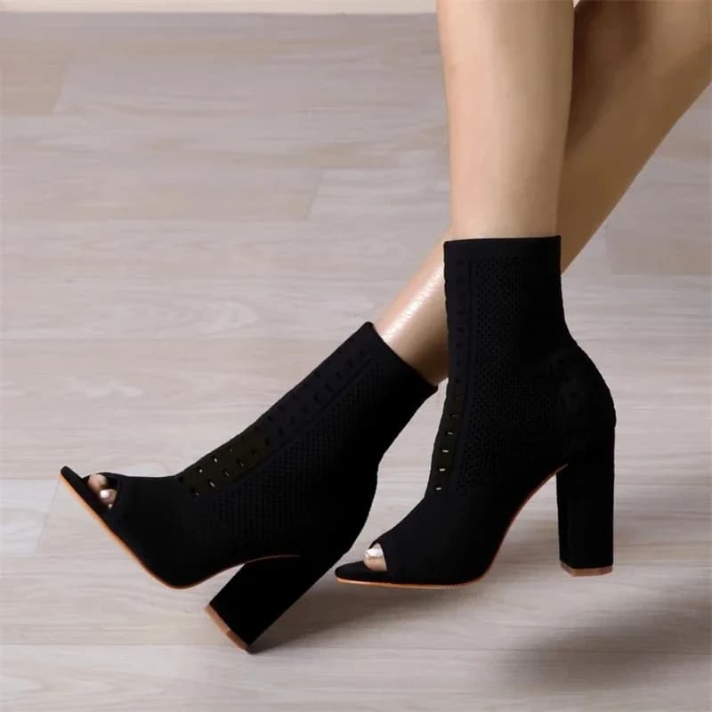 Aneikeh Designer Peep Toe lavorato a maglia tessuto elasticizzato calzini stivali donna tacco alto quadrato scarpe da ballo primavera autunno Zapatos De Mujer
