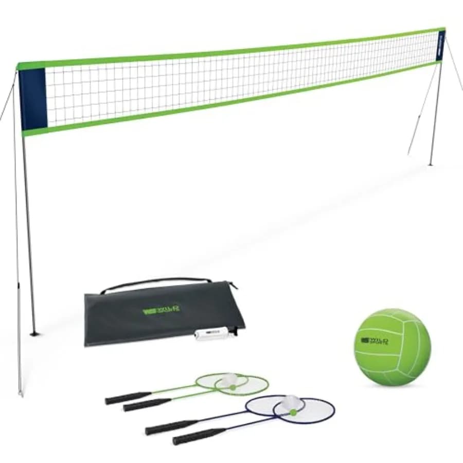 Set combinato da giardino, spiaggia, parco, campeggio, pallavolo e badminton: sistema di rete regolabile con pali, racchette, volani, pompa; resistente