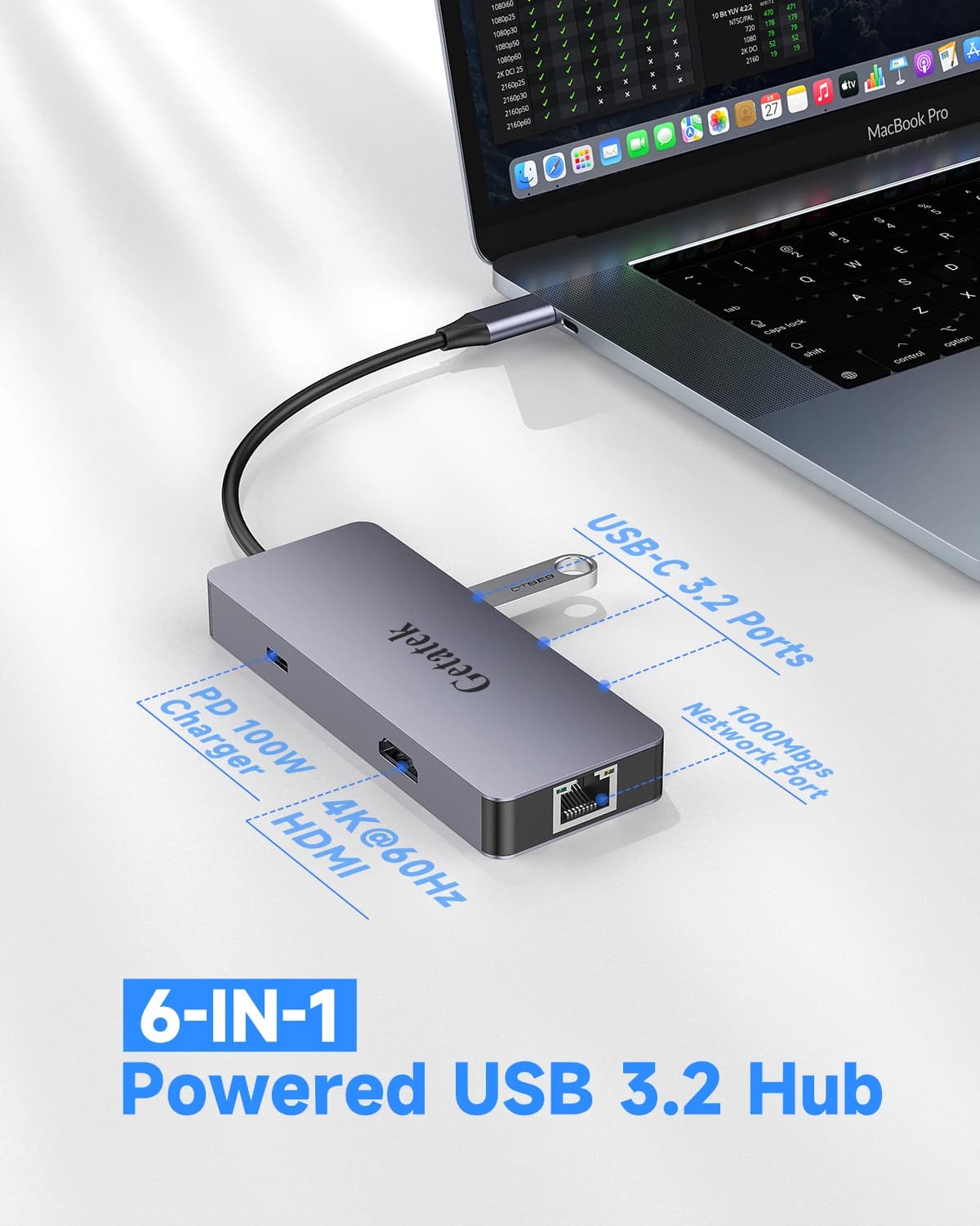 GETATEK 6IN1 USB C Hub Tipo C 3.2 10Gbps HDMI 4K60Hz Porta Ethernet PD 100W Adattatore per MacBook Pro USB 3.2 Hub Laptop Tablet